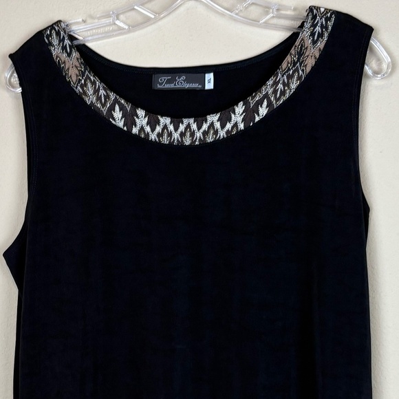 Travel Elegance Black Tank Top Blouse with Cream/Brown/Gold Shimmer Embroidery - Picture 2 of 8